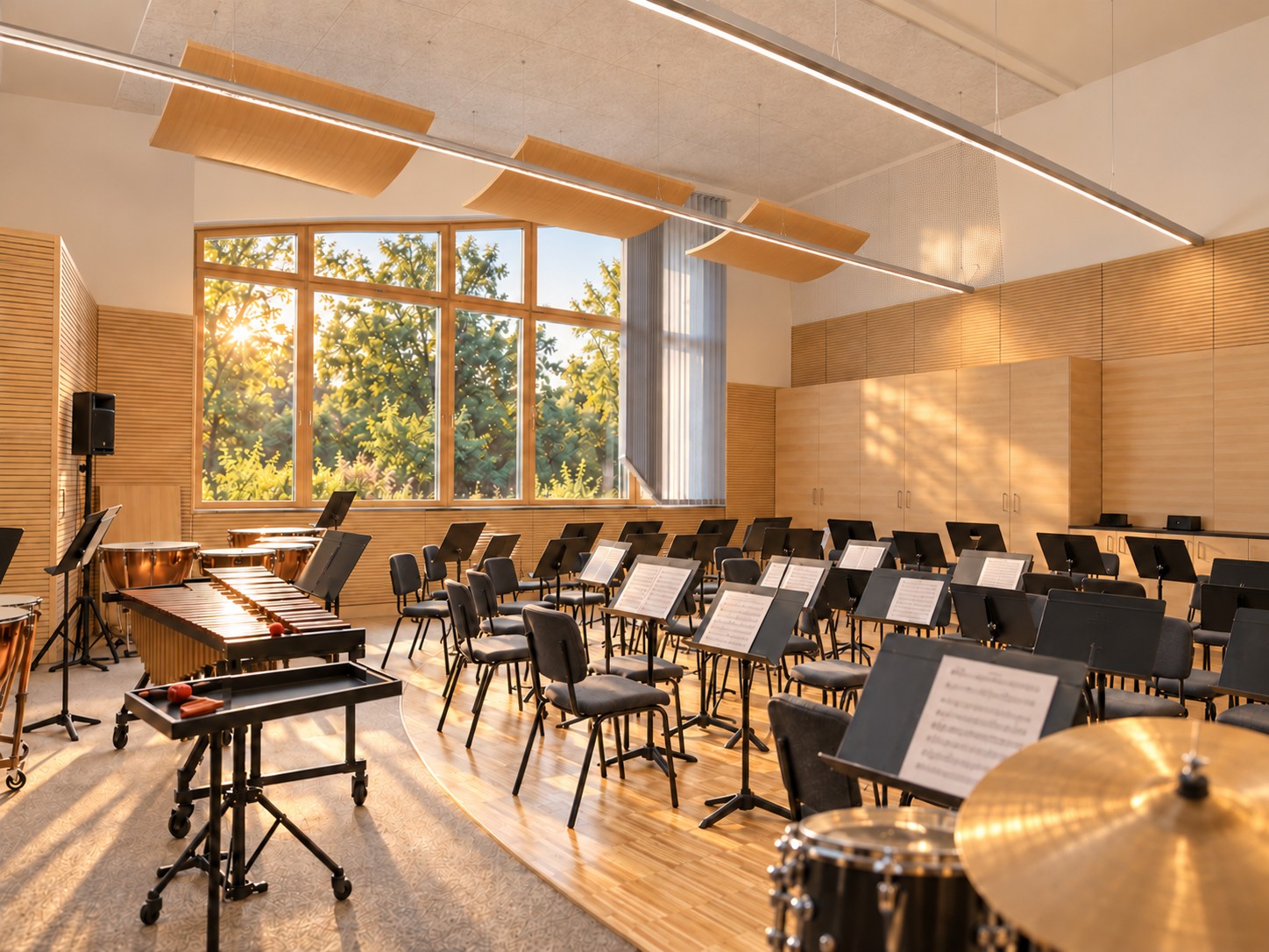 KI-bearbeitete Projektansicht: Musikproberaum mit Holzoberflächen und warmem Tageslicht